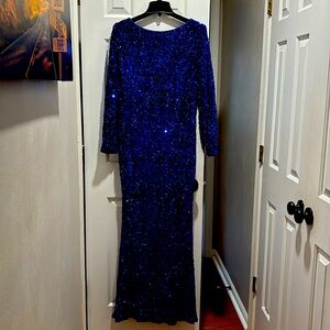 Elegant Long Blue Sequin Mermaid Party Dress with a Boat Neck